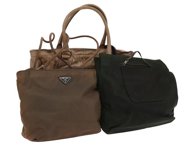 PRADA Borsa a mano in nylon pelle 3 pezzi khaki beige Auth bs22539 Cachi