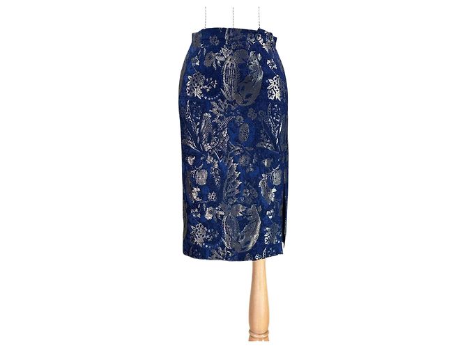 Falda midi de seda Escada Couture azul y dorada con flores Dorado