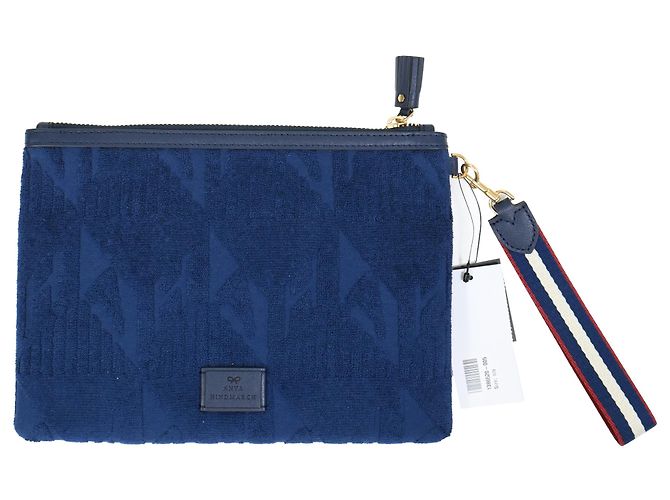 Terry-Pouch aus blauer Baumwolle mit eingeprägtem Anya Hindmarch-Logo