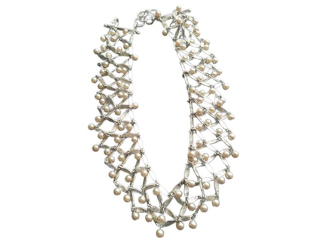 Christian Dior Collar de metal blanco con perlas Hardware de plata
