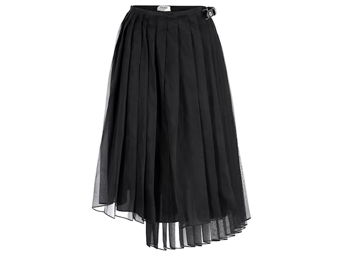 Jupe midi en tulle plissée asymétrique Fendi en soie noire  ref.2081089