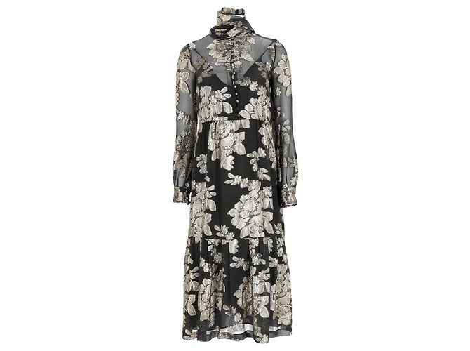 Vestido midi de seda preta com flores da Saint Laurent Preto