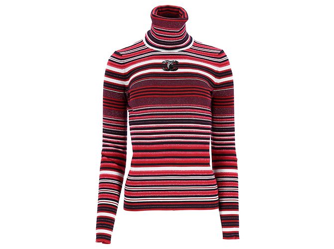 Pull à col roulé rayé orné du logo CC de Chanel en laine rouge