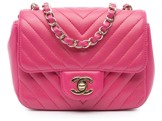 Chanel Mini Quadrado Rosa Clássico Chevron em Couro de Cordeiro com Aba Única