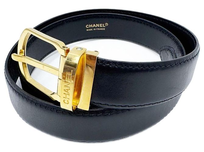 Cinto unissex Chanel com fivela banhada a ouro 24 quilates Preto