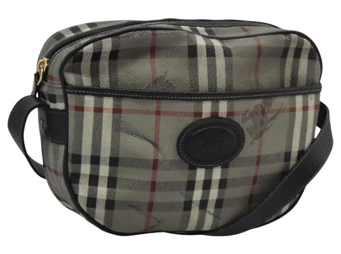Autre Marque Bolsa de Ombro Burberrys Nova Check em PVC Couro Cinza Dourado Auth BD032 Marrom