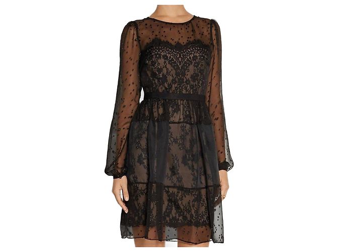 Vestido Marchesa Notte de renda preta com decote ilusion Preto