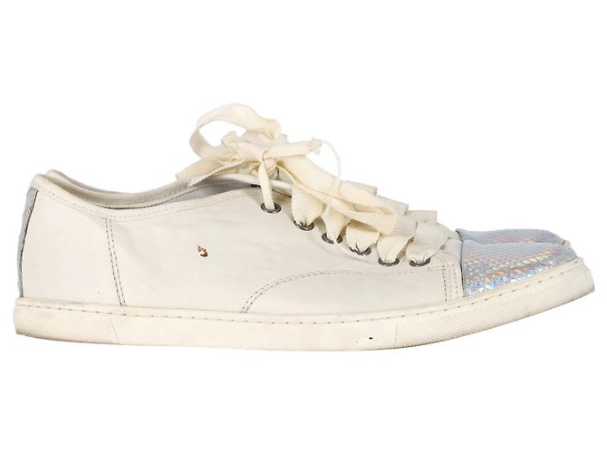 Tênis de bico em couro branco com efeito de pele de cobra Lanvin Cru