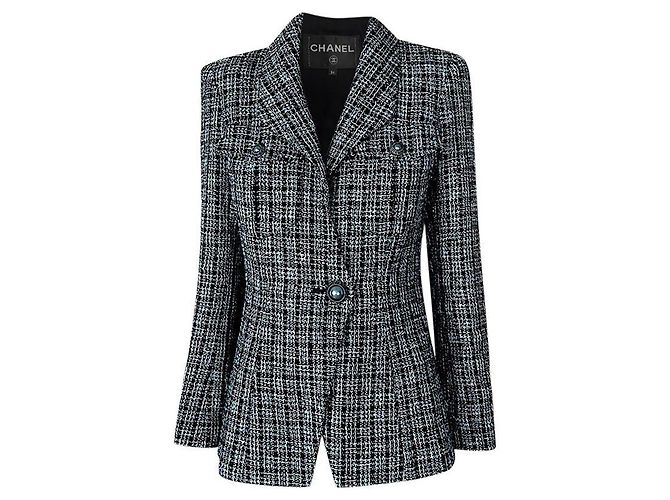 Chanel CC Pearl Buttons Black Shimmer Tweed Jacket 42 FR