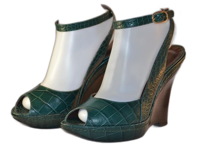 sandalias de cuña Max Mara estampado cocodrilo verde oscuro
