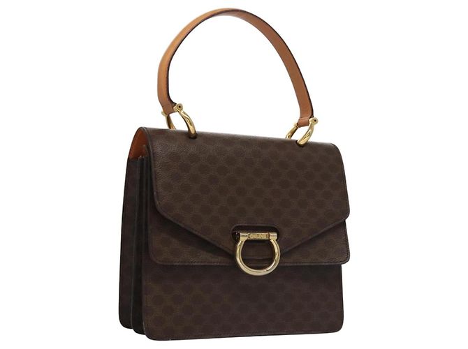 Céline Bolsa de mão em lona Macadam CELINE em couro PVC marrom dourado Auth BD171