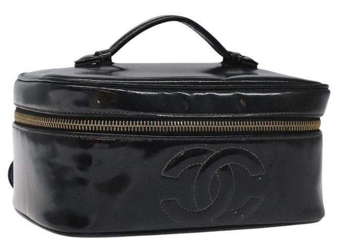 CHANEL Vanity Pouch Esmalte Negro Oro CC Auth BD285 Dorado