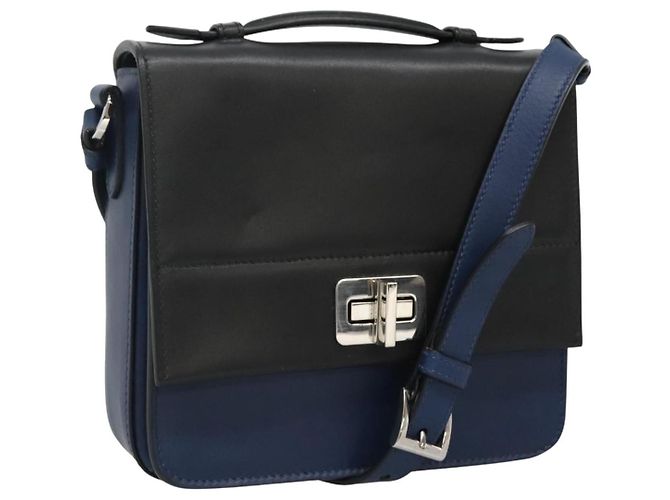 Borsa a spalla PRADA in pelle nera e blu Auth am7706 Nero