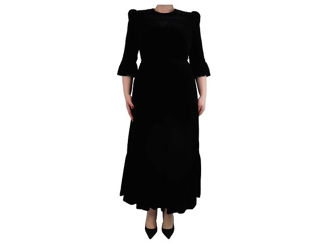 The Vampire's Wife Schwarzes Samt-Midi-Kleid mit Rüschen - Größe UK 14