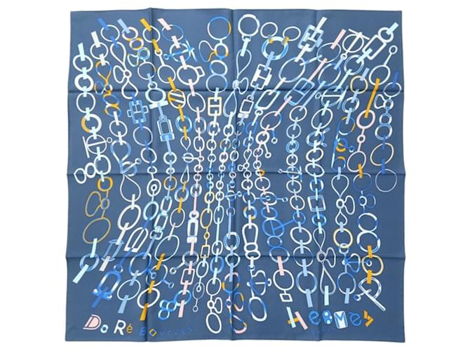 Hermès Foulard en soie Hermes Carre 90 Do Re Boucles Bleu  ref.2088559