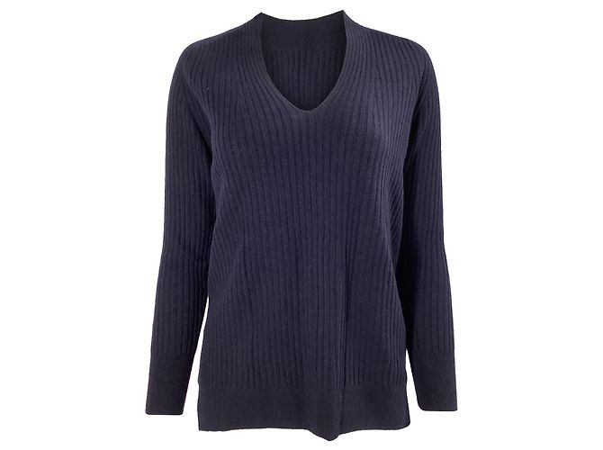 Iris & Ink V-Ausschnitt Rippstrickpullover aus marineblauem Kaschmir