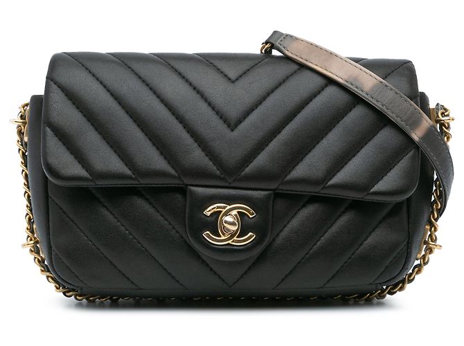 Chanel Black Mini Rectangular Chevron Lambskin Chain Around Flap