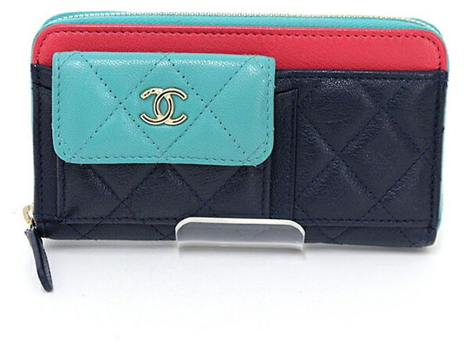 Chanel Matelasse Zip Wallet Pink Green Navy blue