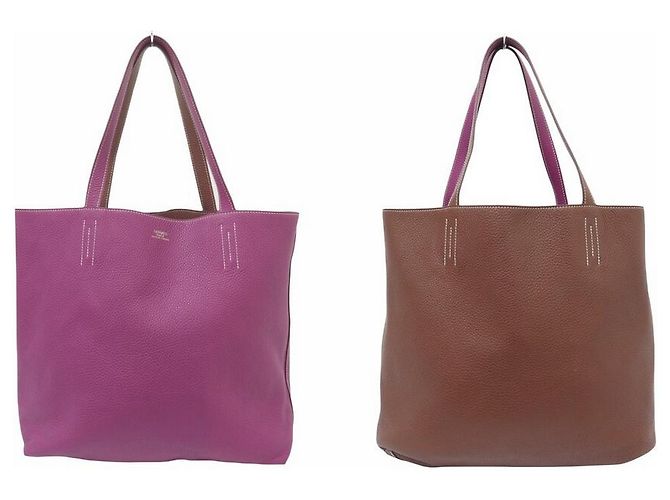 Hermès BAG TOTE HERMES DOUBLE SENS 36 IN PELLE CLEMENCE MARRONE E VIOLA