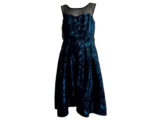 Vera Wang Brocade-Kleid mit Illusionskragen Schwarz Türkis