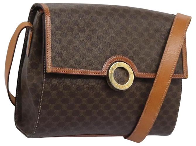 Céline Bolsa de ombro em lona Macadam CELINE em couro PVC marrom dourado Auth EC038