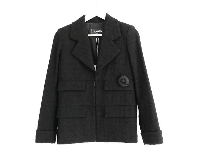 Chanel Cruise 2017 17C Black Tweed Camelia Pin Jacket