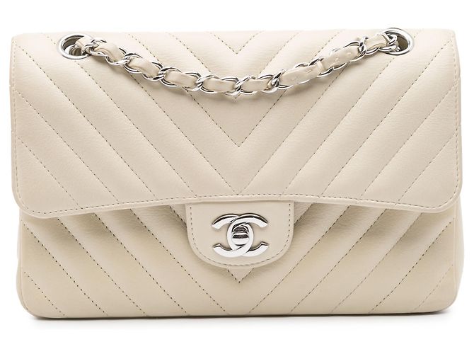 Chanel Branco Pequeno Clássico Chevron em Couro de Cordeiro Duplo Fora de branco