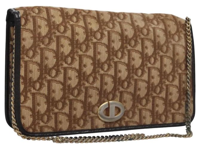 Bolsa de ombro em canvas Trotter Christian Dior marrom dourado Auth BD118