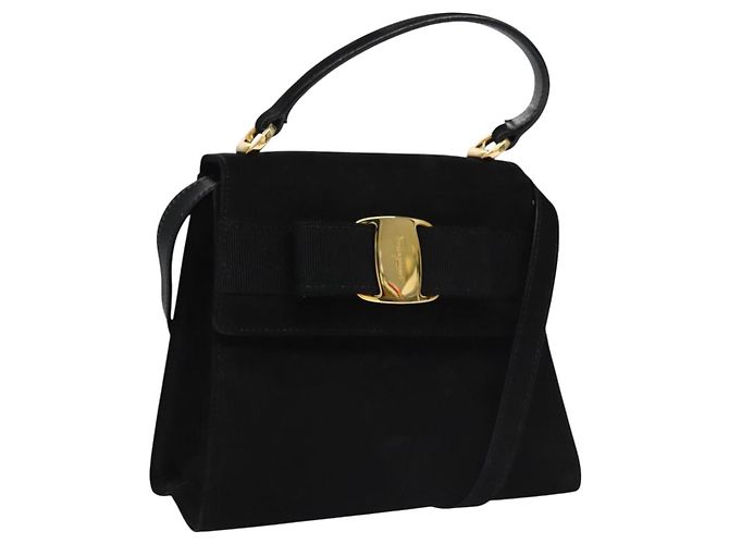 Bolsa de mão Vala em camurça 2 em 1 preta e dourada Auth BA373 da Salvatore Ferragamo