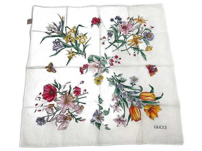 Vintage Gucci Blumen-Canvas-Schal Weiß