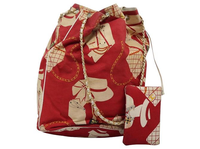 Bolsa de ombro com corrente CHANEL lona vermelha dourada CC Auth 114940 Vermelho Dourado