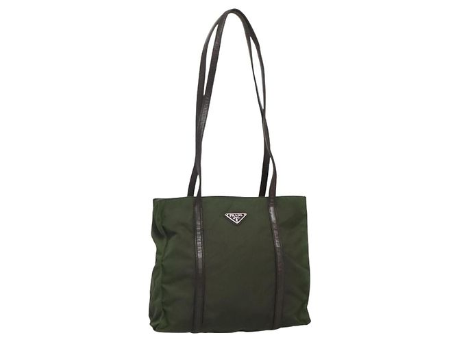 PRADA Borsa Tote Nylon Kaki Marrone Argento Auth bs22976 Cachi