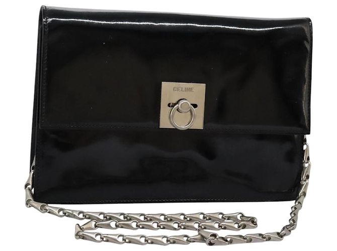 Céline Borsa a Spalla CELINE Chain Smalto Nero Argento Auth ar13323