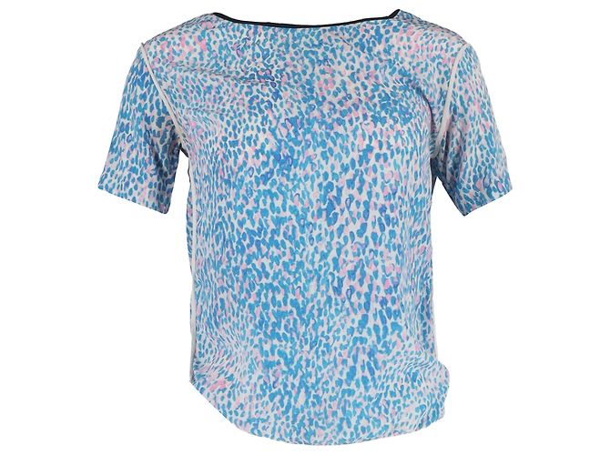 Camiseta de seda azul con estampado de leopardo Sandro
