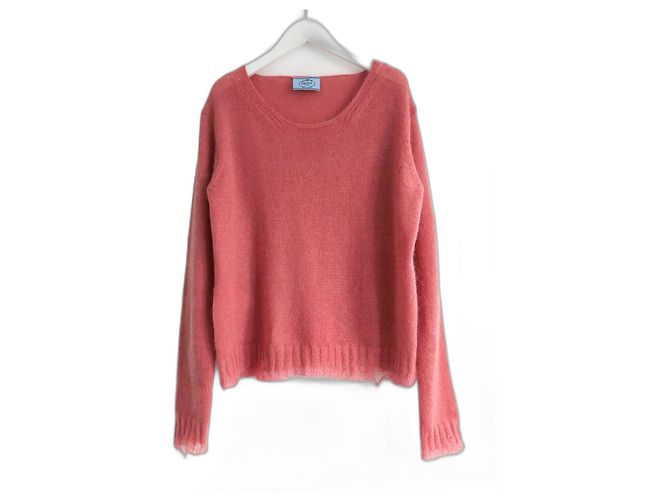 Pull en mélange de mohair à ourlet effiloché Prada Resort 2016 Corail