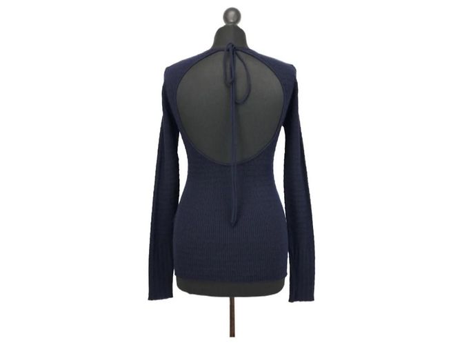 Victoria Beckham Navy Blue Wool Open Back Top