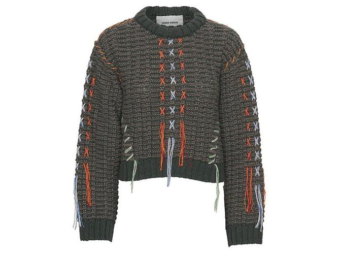 Henrik Vibskov Hang Out Strickpullover Moosgrün Melange Wolle Mehrfarben