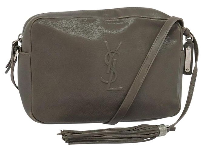 SAINT LAURENT Bolsa de câmera de ombro em couro cinza prata Auth ep7783 Marrom