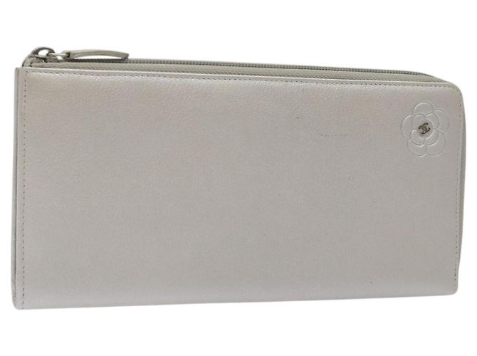 CHANEL Camelia Long Wallet Leather Silver CC Auth am7960 Silvery