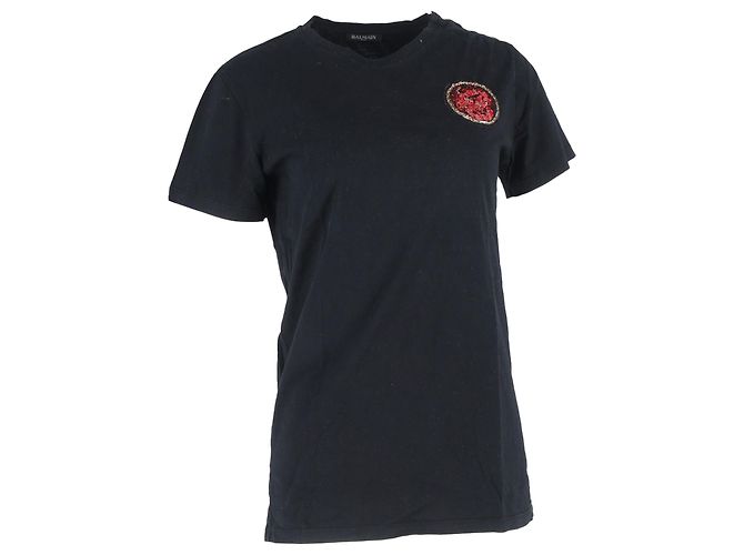 Camiseta de algodão preto com patch bordado Balmain