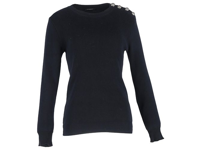 Schwarzer Wollpullover mit Strickknopfdetails von Balmain Blau Marineblau
