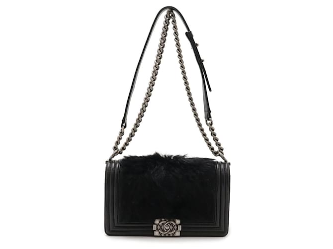 Chanel Boy Chanel 25 Coco Mark Chain Shoulder Bag Black Leather Fur  ref.2102241