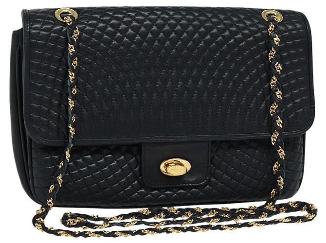 BALLY Bolsa de Ombro de Couro Matelassada com Corrente Preto Dourado Auth JB009