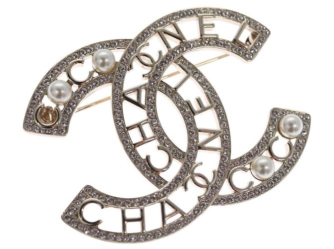 CHANEL COCO Mark Brosche Metall Silber CC Auth bs23017
