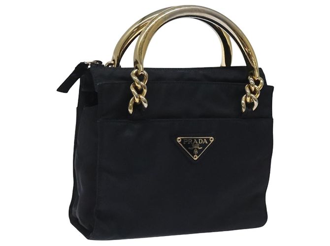 PRADA Hand Bag Nylon Navy Gold Auth BA355 Golden Navy blue