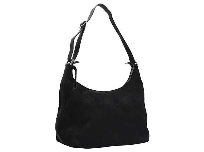 Borsa a Spalla Gancini in Tela Nera e Argento di Salvatore Ferragamo Auth bs23336 Nero