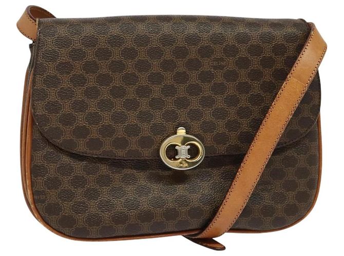 Céline Bolsa de ombro em lona Macadam CELINE em couro PVC marrom dourado Auth 112874