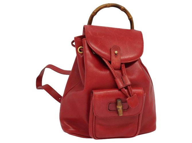 GUCCI Bamboo Backpack Leather Red Gold 003 3444 0030 Auth nb203 Golden