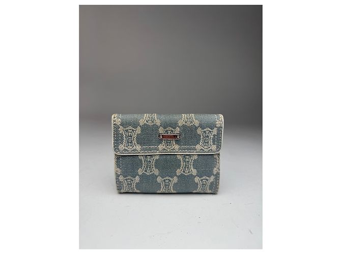 Triomphe Céline Vintage Celine Paris Denim Leather Monogram wallet white blue
