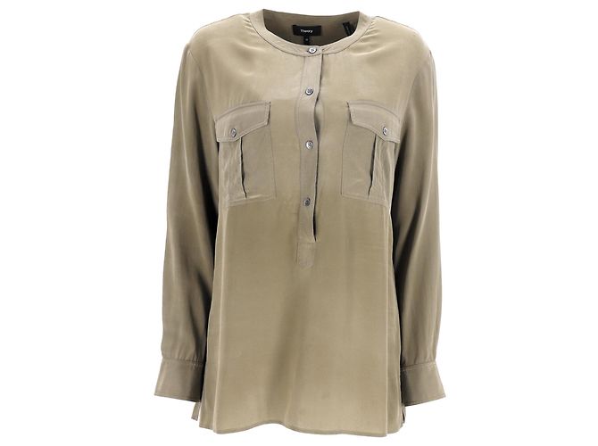 Theory Half-Buttoned Long Sleeve Blouse in Olive Silk Green Olive green
